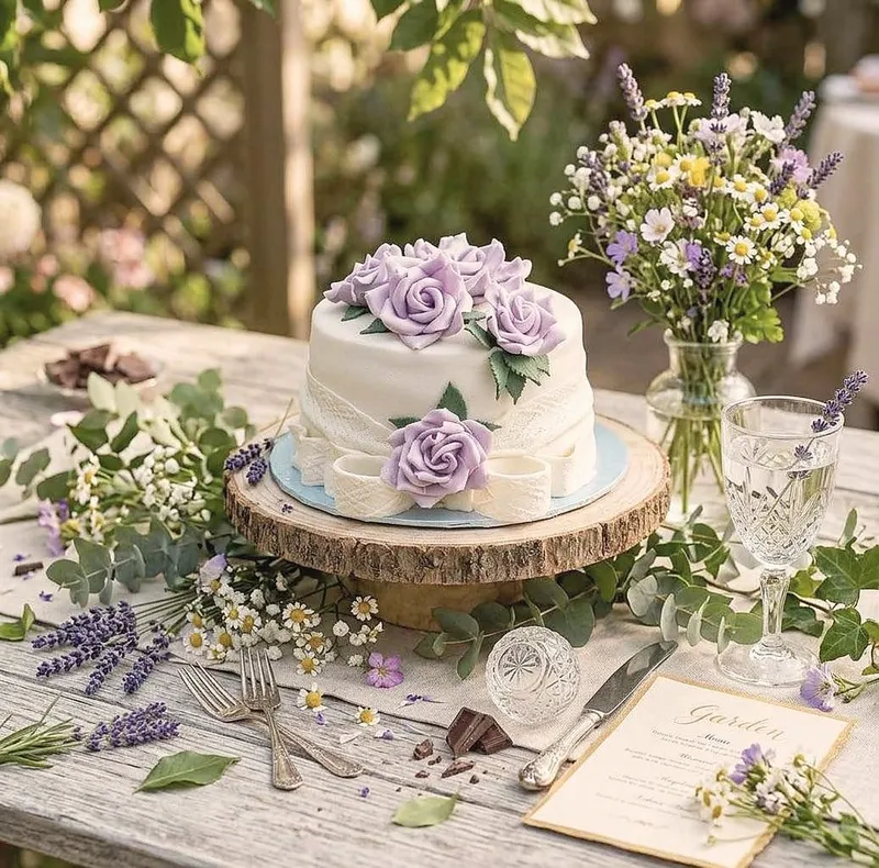 A white wedding cake decorated with lilac sugar roses